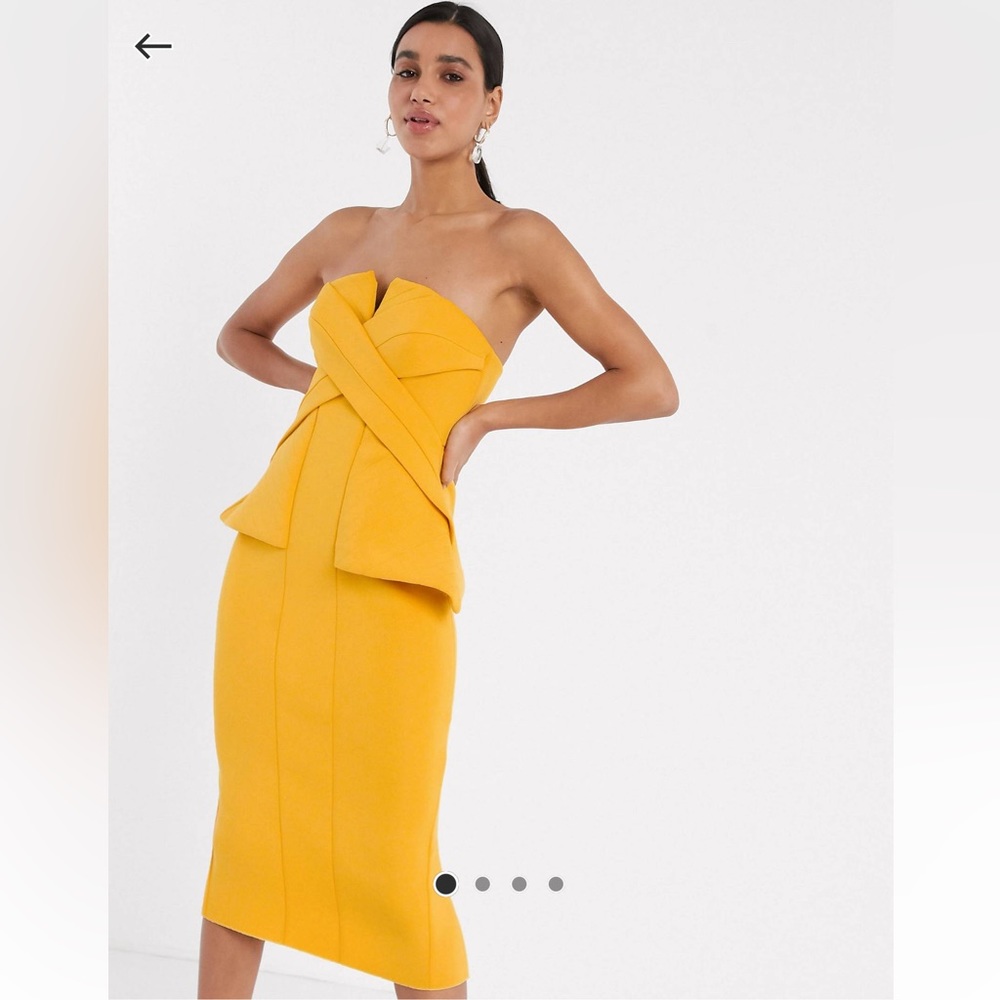 Stitch detail bandeau pencil mid dress with side pep in mustard.